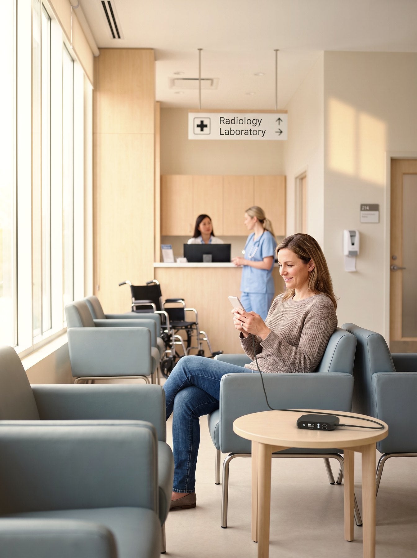 Woman in a hospital waiting area charging her phone from an Omni 20+ power bank on the side table